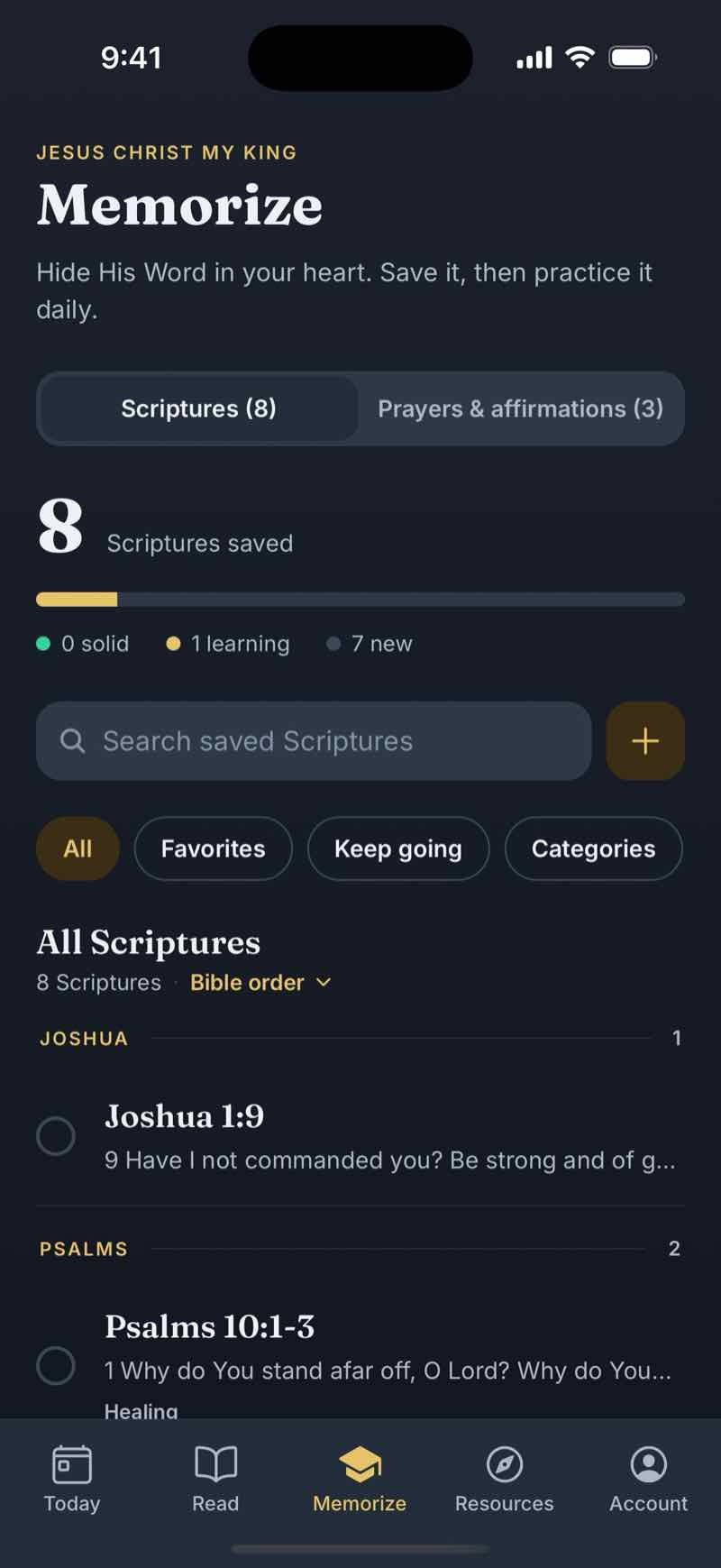 The app's Memorize screen listing saved Scriptures